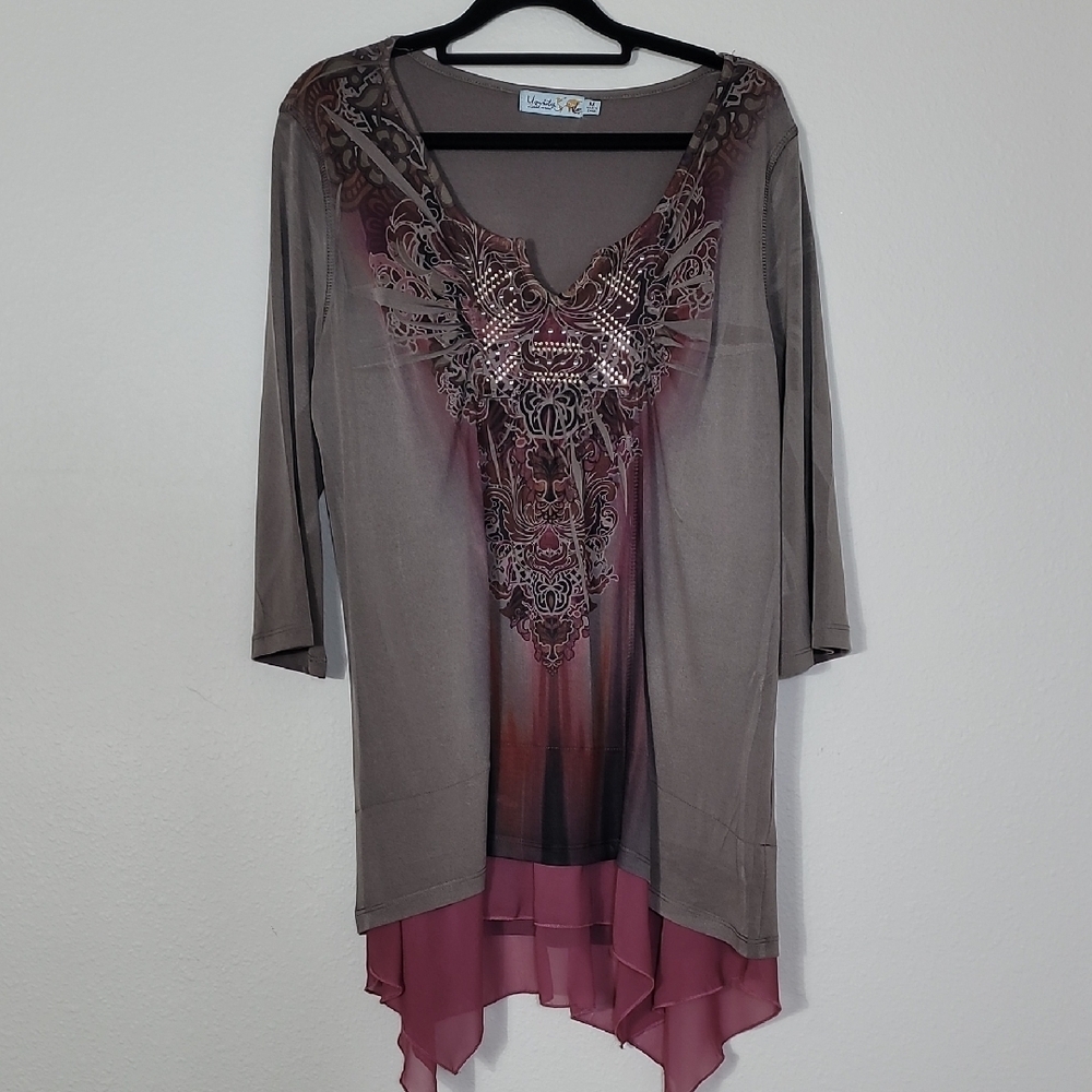 Y2K Unity Flowy Tunic Top Size M Brown Red Fairy Whimsigoth Artsy Boho Embellish